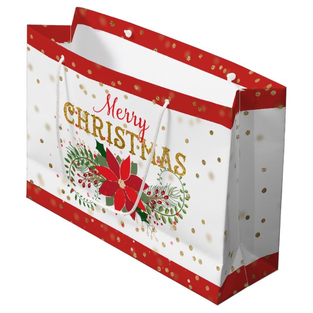 Merry Christmas Gold Glitter Poinsettia Large Gift Bag (Front Angled)