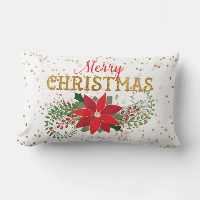 Merry Christmas Gold Glitter Poinsettia Lumbar Cushion (Front)