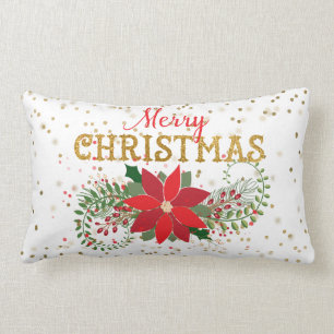 Merry Christmas Gold Glitter Poinsettia Lumbar Cushion