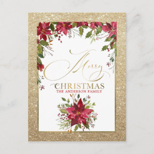 Merry Christmas Gold Glitter Red Poinsettia Holiday Postcard