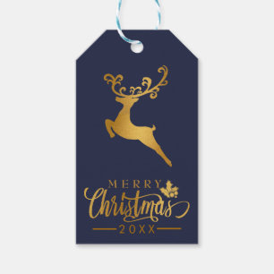 Merry Christmas Gold Glitter Reindeer Navy Gift Tags