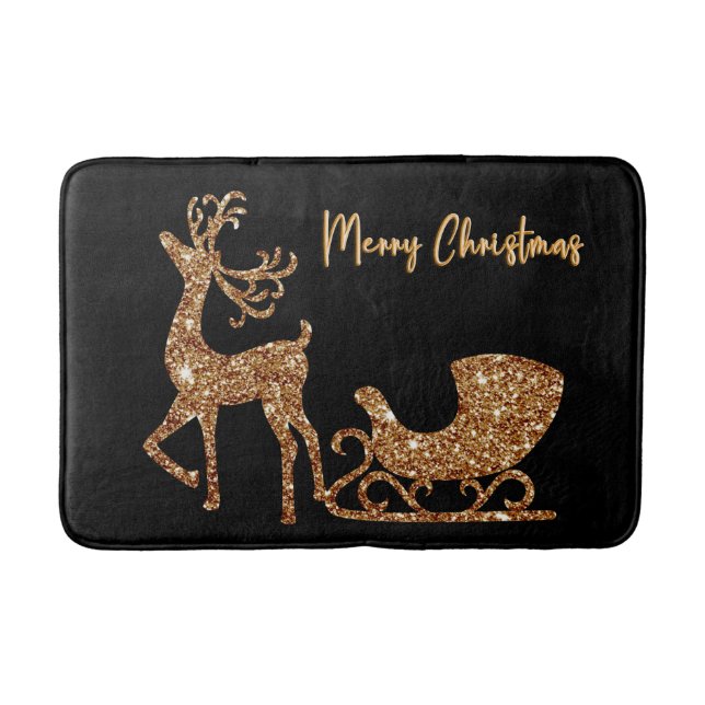 Merry Christmas Gold Glitter Reindeer & Sleigh Bath Mat (Front)