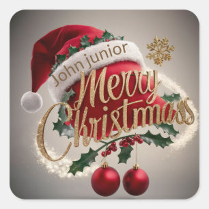 Merry Christmas Gold Glitter Santa Hat Holiday Square Sticker