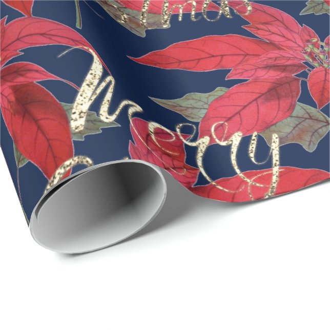 Merry Christmas Gold Glitter Script Floral Navy Wrapping Paper (Roll Corner)