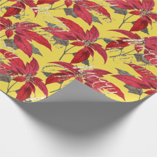 Merry Christmas Gold Glitter Script Floral Yellow Wrapping Paper