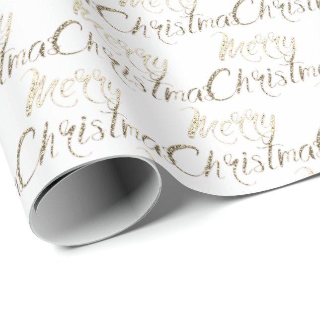 Merry Christmas Gold Glitter Script Ivory Creamy Wrapping Paper (Roll Corner)
