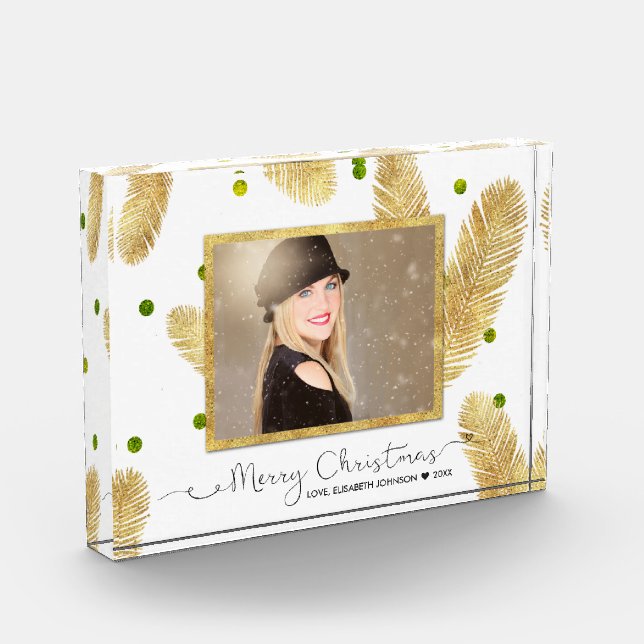 Merry Christmas Gold Glitter Script - Photo Block (Left)