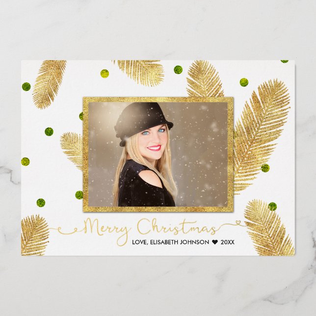 Merry Christmas Gold Glitter Script Photo Foil Holiday Card (Front)