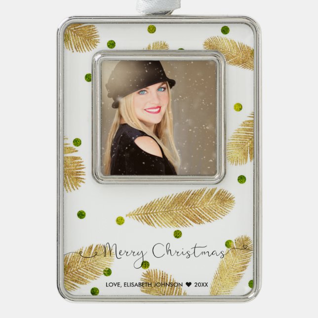 Merry Christmas Gold Glitter Script Photo Ornament (Front)