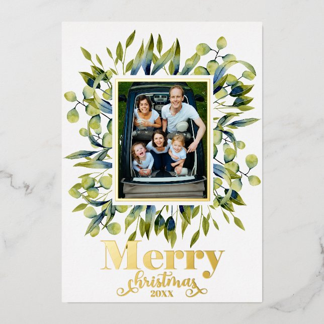 Merry Christmas Gold Green Blue Foliage Photo Foil Holiday Card (Front)