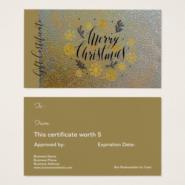Merry Christmas Gold Holiday Gift Card Certificate (Front & Back)