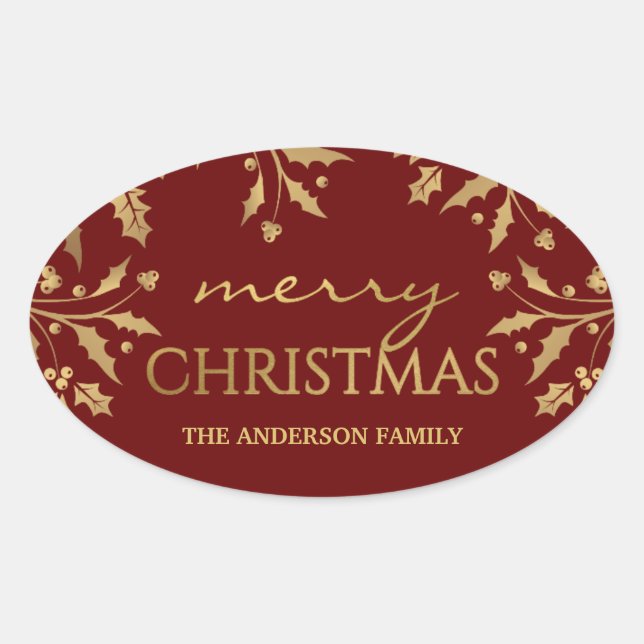 Merry Christmas Gold Holiday Holly Faux Foil Oval Sticker (Front)