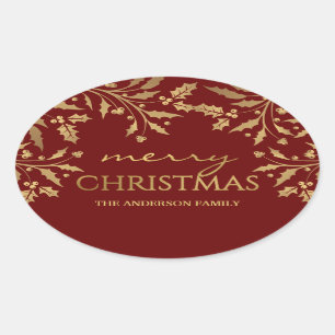 Merry Christmas Gold Holiday Holly Faux Foil Oval Sticker