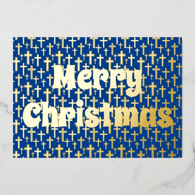 Merry Christmas gold Jesus cross elegant navy blue Foil Holiday Card (Front)