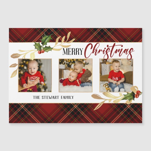 Merry Christmas Gold Leaves 3-Photo Red Tartan  (Front)