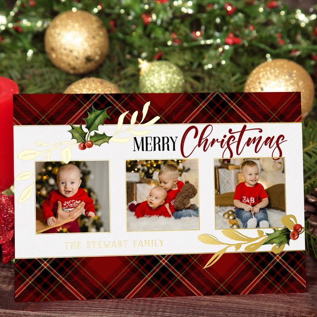 Merry Christmas Gold Leaves 3-Photo Red Tartan  Foil Holiday Card (Creator Uploaded)