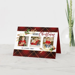Merry Christmas Gold Leaves 3-Photo Red Tartan  Holiday Card