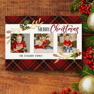 Merry Christmas Gold Leaves 3-Photo Red Tartan  Holiday Card