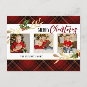 Merry Christmas Gold Leaves 3-Photo Red Tartan  Holiday Postcard