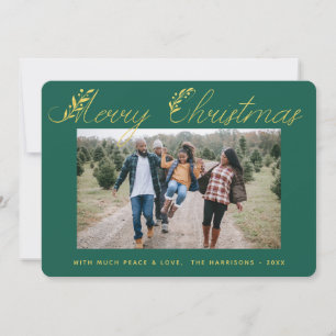 Merry Christmas Gold Leaves Typography Green Photo Holiday Card