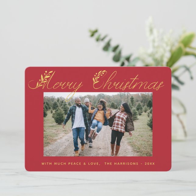 Merry Christmas Gold Leaves Typography Red Photo Holiday Card (Standing Front)