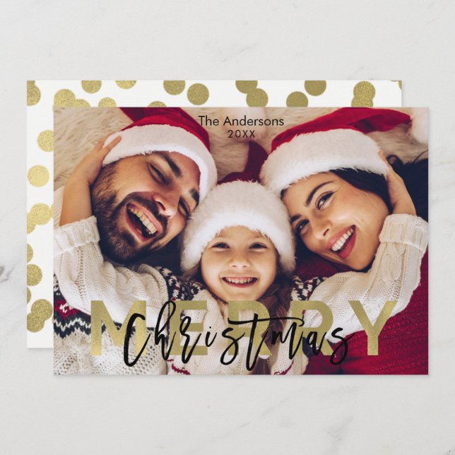 MERRY CHRISTMAS Gold Modern Photo Picture Holiday  (Front/Back)