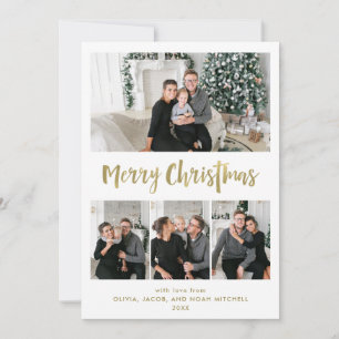 Merry Christmas   Gold Multi Photo Grid Holiday Card