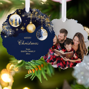 Merry Christmas gold navy blue baubles photo Tree Decoration Card