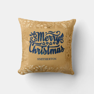 Merry Christmas Gold Navy Blue Brush Script Name Cushion