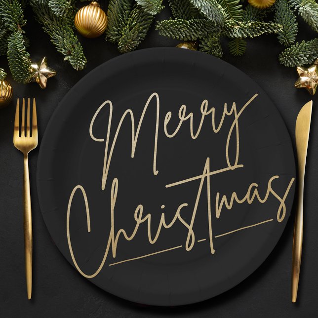 Merry Christmas Gold on Black Paper Plate (Gold Merry Christmas on Black Paper Plates)
