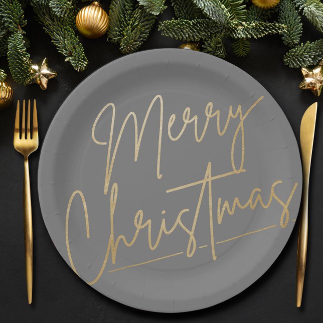 Merry Christmas Gold on Grey Paper Plate (Merry Christmas Gold on Gray Paper Plates)