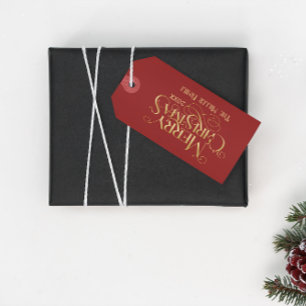 Merry Christmas Gold on Red Retro Typography Gift Tags