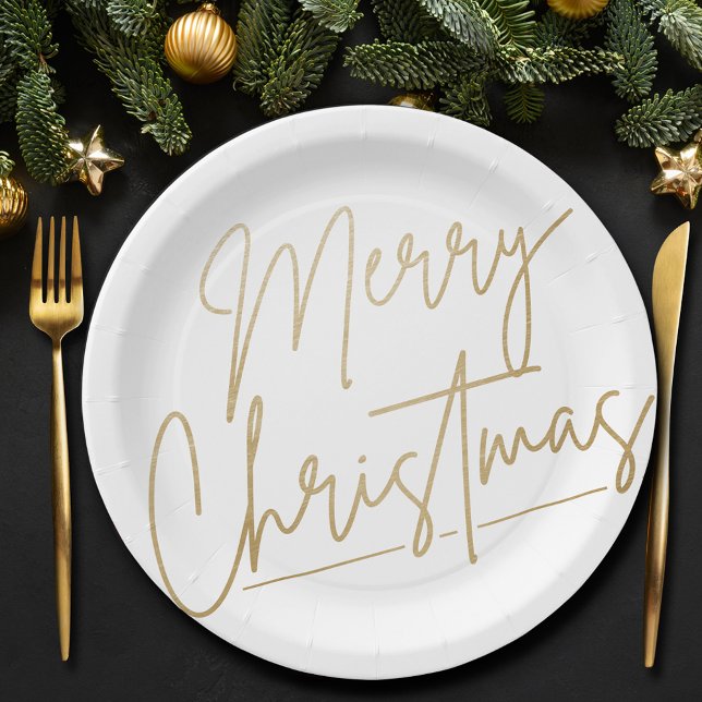 Merry Christmas Gold on White Paper Plate (Gold Merry Christmas on White Paper Plates)