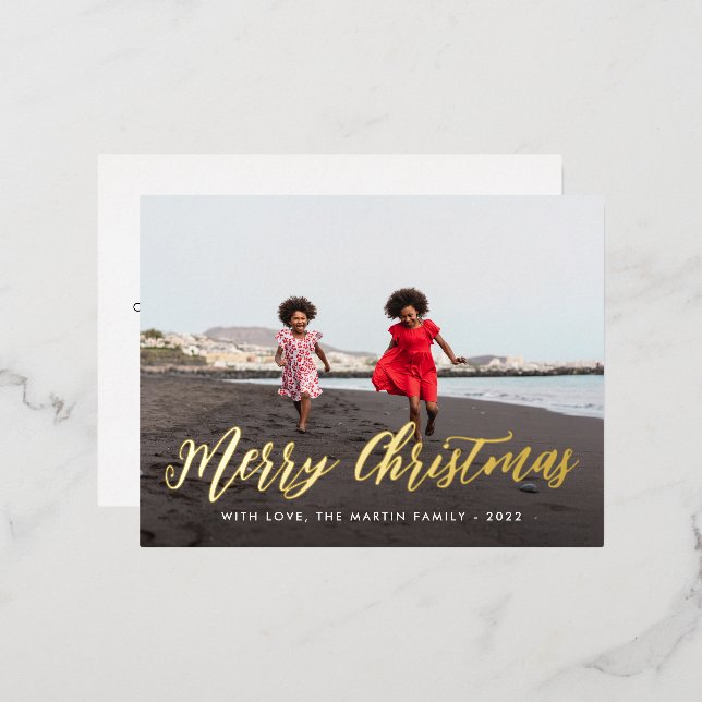 Merry Christmas Gold One Photo Holiday Greeting (Front/Back)