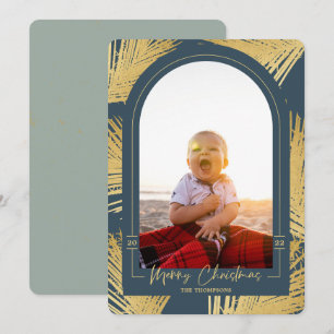 Merry Christmas Gold Palm Blue Beach Photo Holiday Card