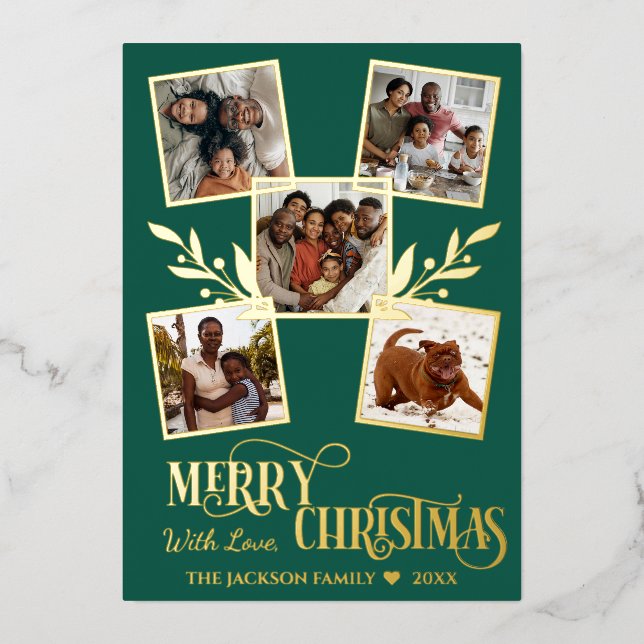 Merry Christmas Gold Photo Collage Green Foil Holiday Card (Front)