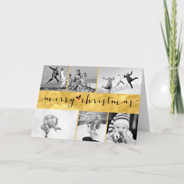Merry Christmas Gold Photo Collage Holiday Card (Front)