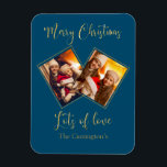 Merry Christmas Gold Photo Name Blue Magnet<br><div class="desc">Cute and festive keepsake magnet holiday card for your family and friends.  A great gift for Grandma and Grandpa.</div>