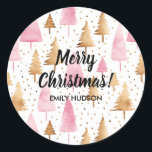 Merry Christmas Gold Pink Tree Classic Round Sticker<br><div class="desc">Merry Christmas Gold Pink Tree Classic Round Sticker</div>