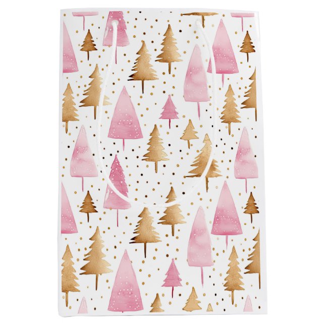 Merry Christmas Gold Pink Tree Medium Gift Bag (Front)
