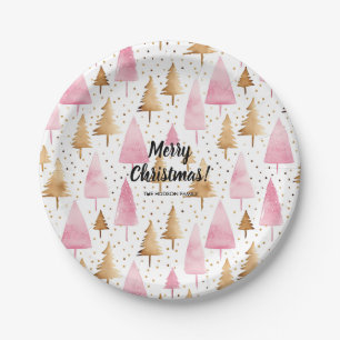 Merry Christmas Gold Pink Tree Paper Plate