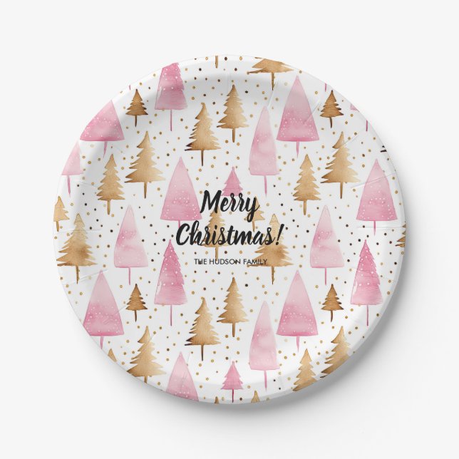 Merry Christmas Gold Pink Tree Paper Plate (Front)