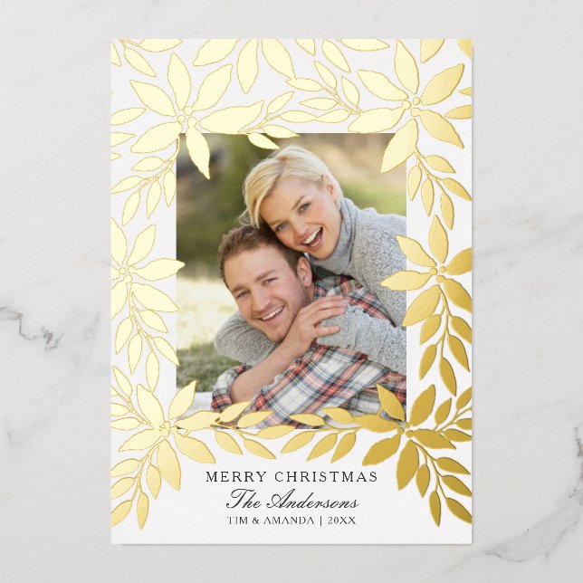 Merry Christmas Gold Poinsettia Foil Holiday Card (Front)