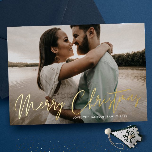 Merry Christmas Gold Pressed Hand Written Photo Foil Holiday Card (Creator Uploaded)