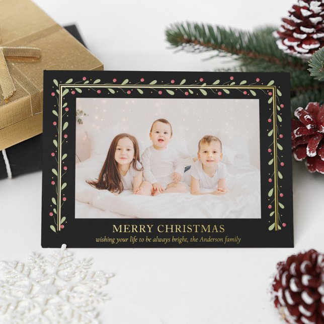Merry Christmas Gold Rectangular Red Green Leaves Foil Holiday Card (Creator Uploaded)