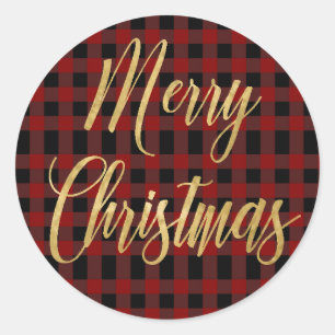 Merry Christmas Gold  Red Black Plaid Tartan Classic Round Sticker