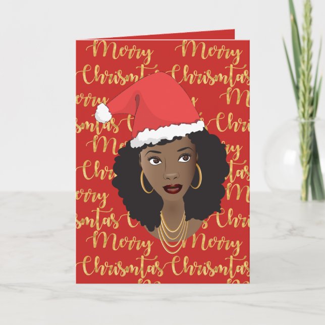 Merry Christmas Gold & Red, Black Woman, Santa Hat Card (Front)