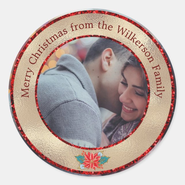 Merry Christmas Gold & Red Glitter Custom Photo Classic Round Sticker (Front)