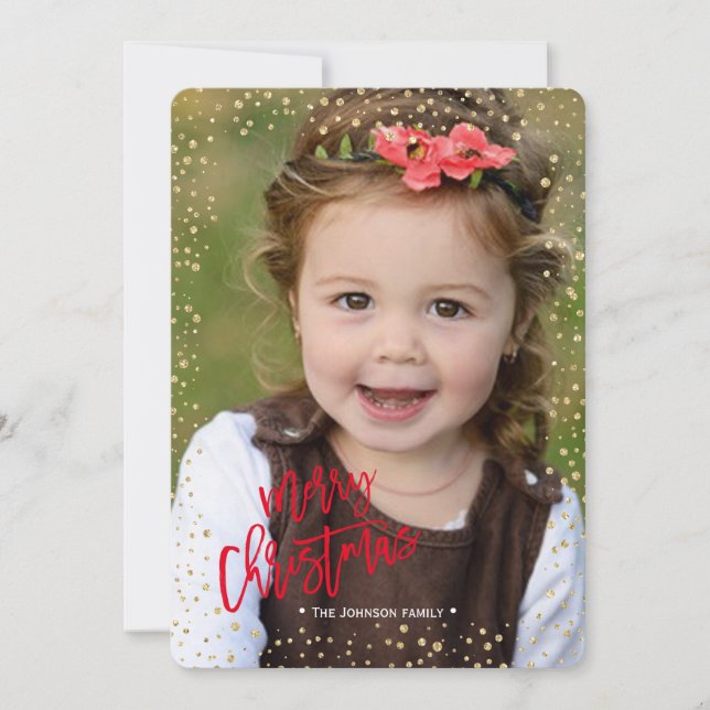 Merry Christmas | Gold & Red | Glitter Dots Holiday Card (Front)