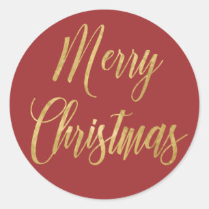 Merry Christmas Gold Red Simple Elegant Classic Round Sticker